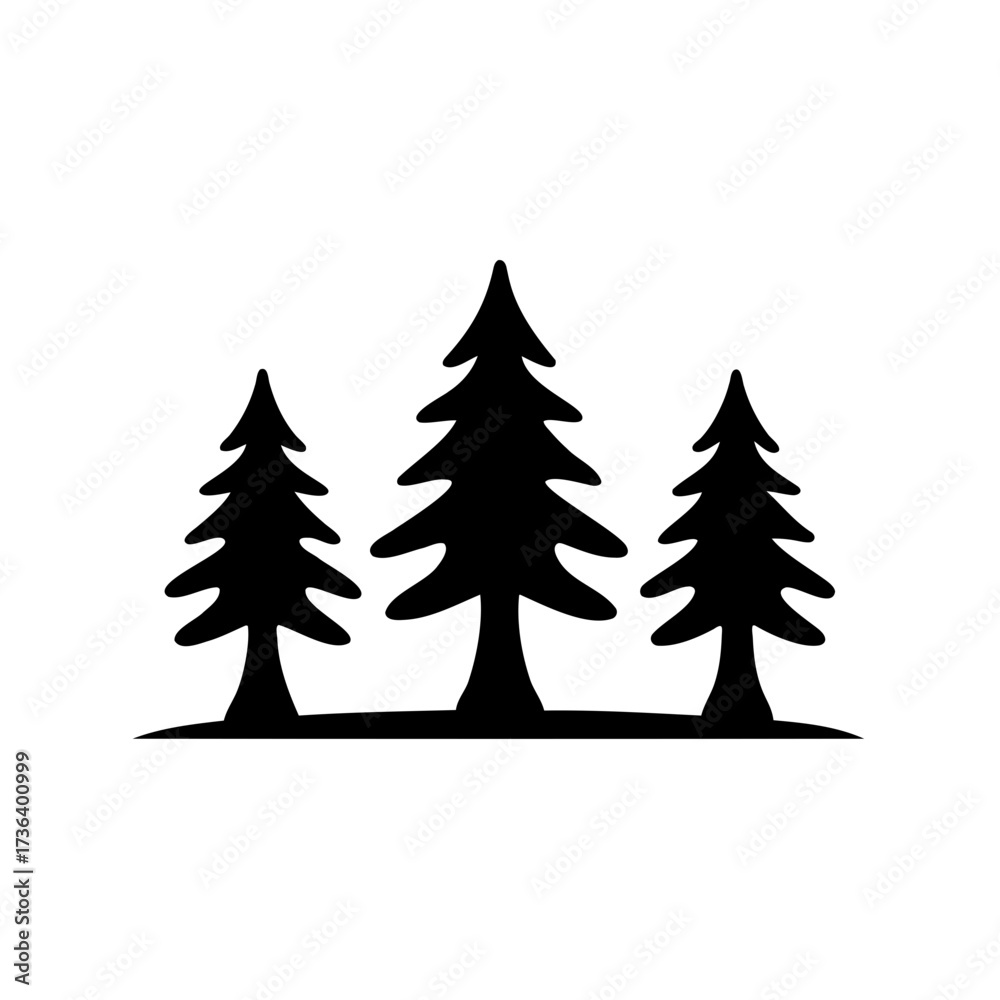 Obraz premium Three Silhouetted Evergreen Trees on a Small Mound Against a White Background