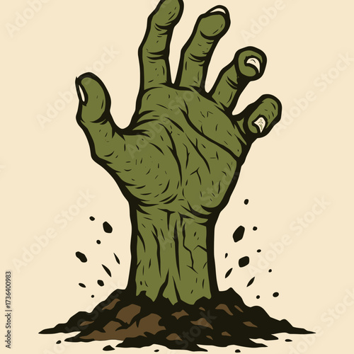 Zombie hand emerging from the ground with a textured green surface on a light background