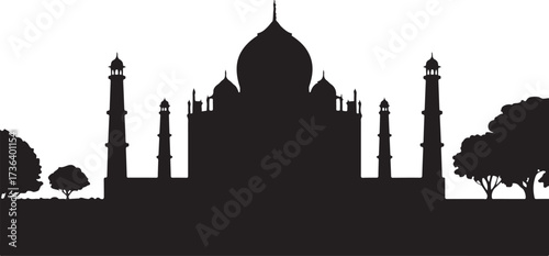 Black silhouette of Taj Mahal monument with minarets and trees against white background India architecture 1