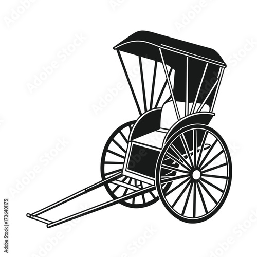 Black silhouette of a traditional rickshaw, a human-powered vehicle, on a white background, representing transportation and cultural heritage