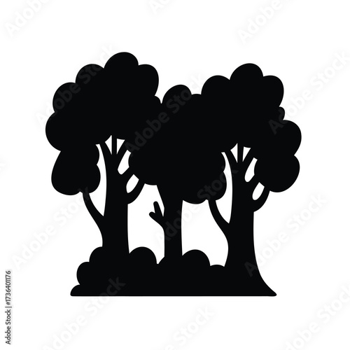 Black silhouette of a small grove of trees with bushes underneath