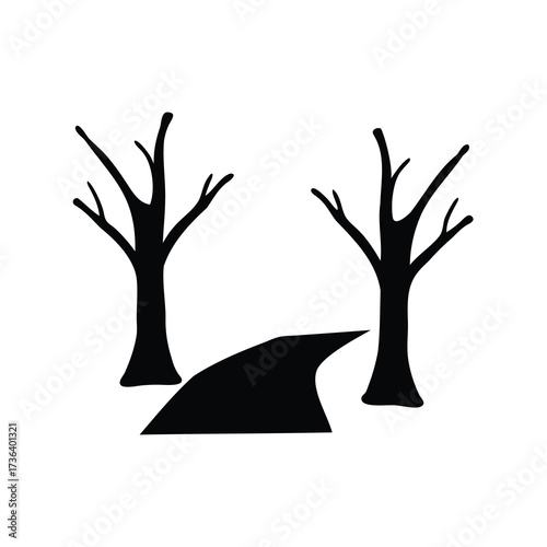 Solitary black road winds through ghostly trees under a pale moon
