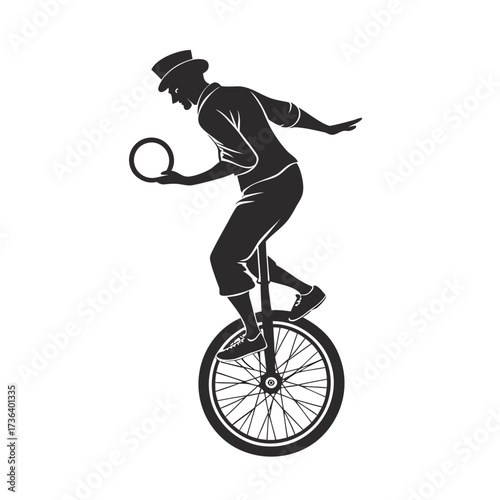 Unicyclist Balancing Act in Silhouette A Classic Circus Performer with Top Hat and Hoop, Monochrome Art