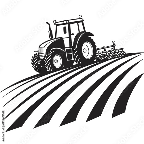 Monochrome graphic icon of a modern farming tractor plowing a field, representing agriculture and cultivation on a white background