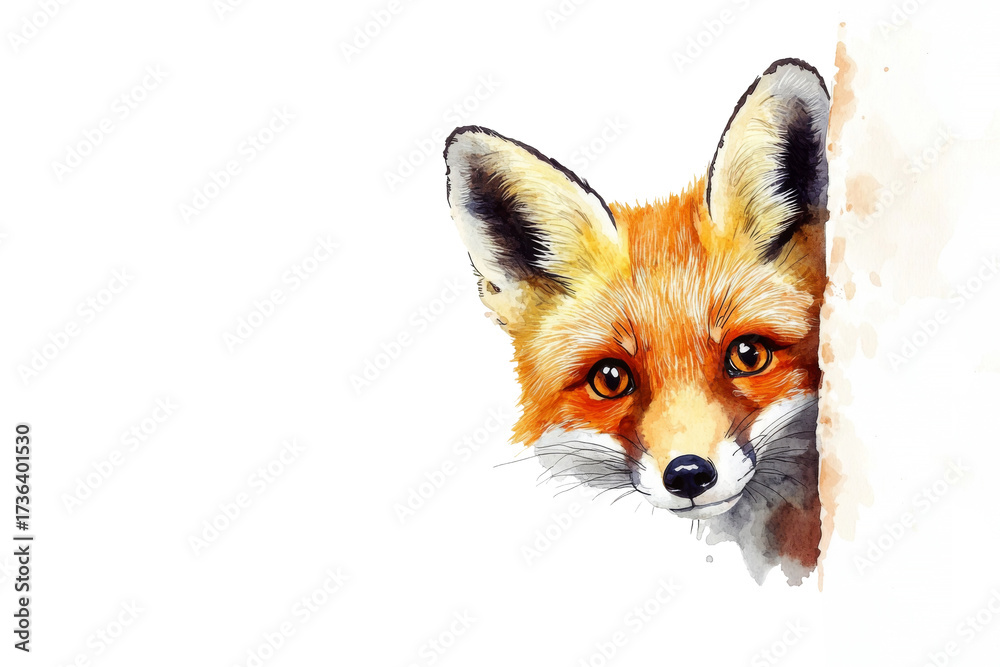 Fototapeta premium Watercolor of a fox peeking from behind wall isolated on transparent background