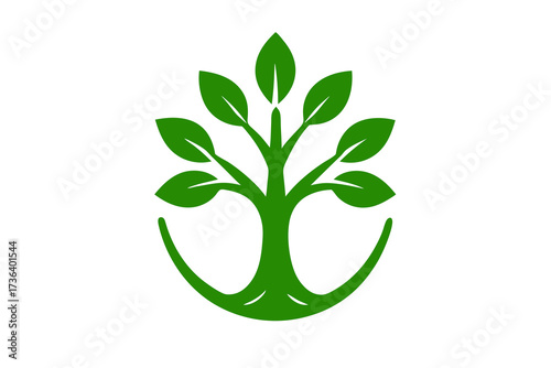 Stylized Green Tree Logo with Curved Base and Leafy Branches