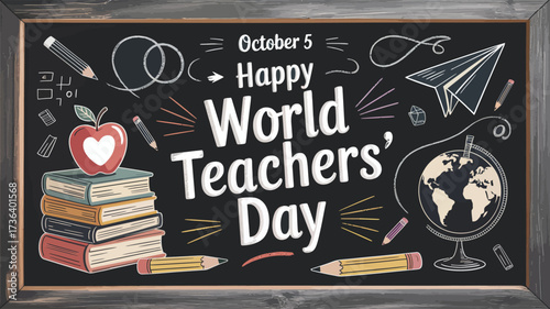 Festive World Teachers Day chalkboard illustration with globe, books, apple, and school doodles celebrating educators on October 5