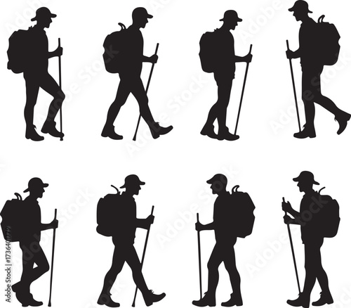 Silhouette hikers with backpacks and trekking poles walking