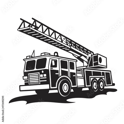 Black and white vector illustration of a fire truck with an extended ladder, isolated on a white background. Emergency vehicle silhouette icon