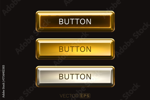 Black golden button set, three states of the button, pressed, released, hovered. Vector illustration