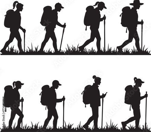Silhouette hikers with backpacks and trekking poles walking through grass