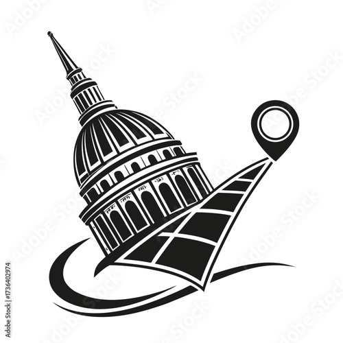 Government capitol building with a travel destination route and map pin icon. A black and white vector symbol for politics, tourism, and navigation