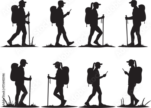 Silhouette hikers with backpacks and trekking poles on grass