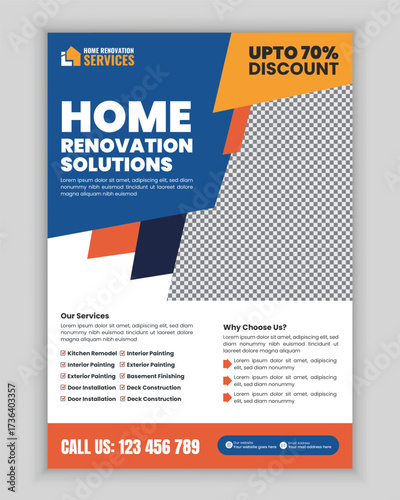 Home renovation and repair services flyer and poster design template for remodeling, carpentry, plumbing, electrician, flooring, painting, roofing, and maintenance advertisement layout