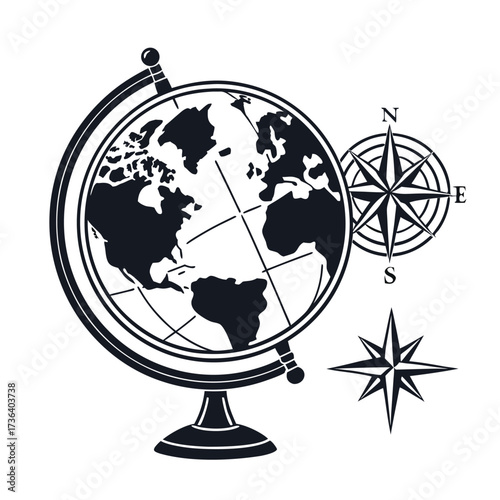 World Globe Travel Exploration Silhouettes with Compass Roses - A Set of Vector Icons for Navigation and Global Discovery