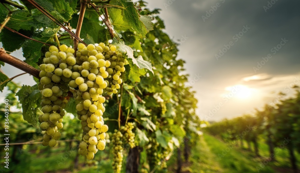 Fototapeta premium Lush clusters of ripe white grapes hang heavy from vines in a sun-drenched vineyard, bathed in golden light.