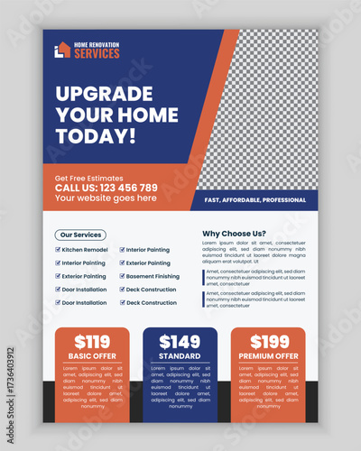 Home renovation and repair services flyer and poster design template for remodeling, carpentry, plumbing, electrician, flooring, painting, roofing, and maintenance advertisement layout