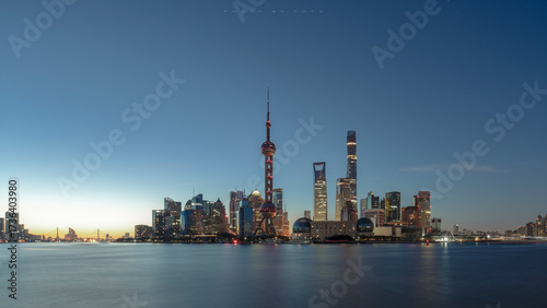 Photography shanghai skyline at sunset