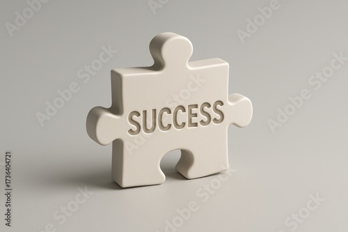 White puzzle piece with the word success written on it. The puzzle piece is missing a piece, which could symbolize the challenges and obstacles one must overcome to achieve success