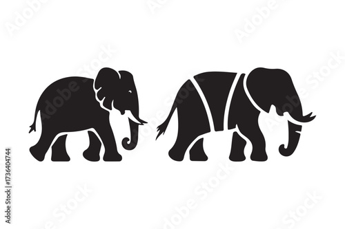 Two black silhouette elephants facing opposite directions