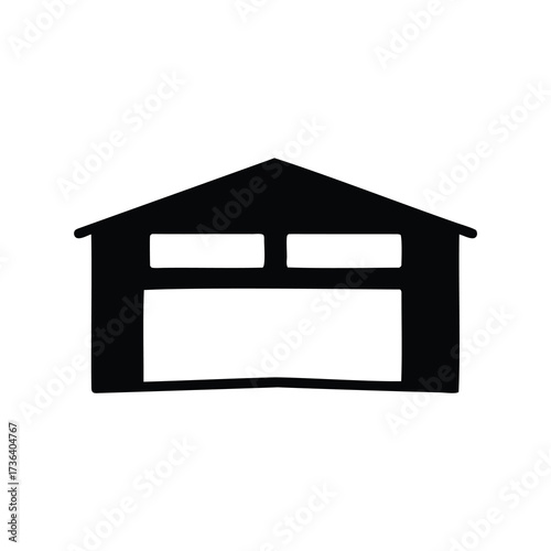Monochromatic stylized warehouse building with two top windows and open entrance