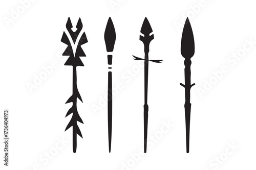 Four stylized tribal spears or arrows in black silhouette
