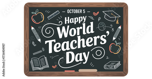 Festive World Teachers' Day chalkboard illustration with educational doodles and celebratory text honoring global educators on October 5