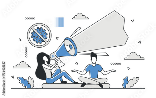 People spreading virus prevention message with megaphone, blue monocolor style, covid awareness, public health communication, isolated on white background vector illustration
