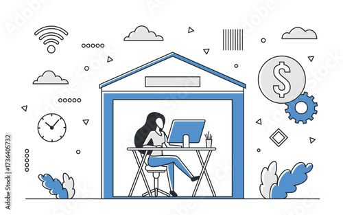 Woman working online at home desk with computer, surrounded by digital and financial icons, representing remote work and online business, isolated on white background vector illustration