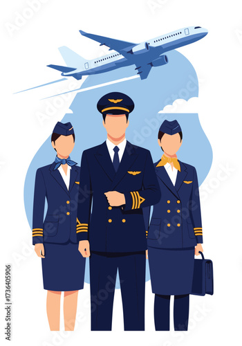 Airlines pilot and flight attendants in uniform with an airplane.