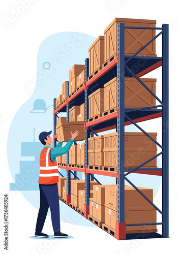A warehouse worker places a box on a tall storage rack.