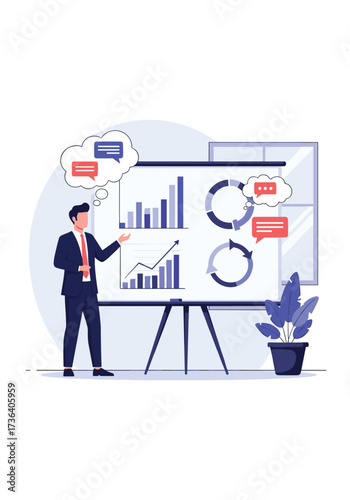 A business professional presenting data and insights on a whiteboard.