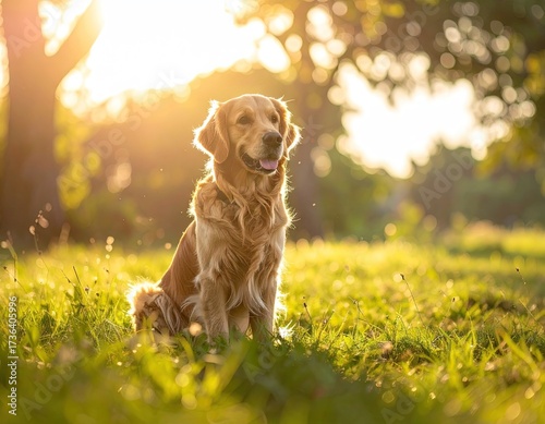 Golden Retriever Dog Sitting in Green Grassy Field Bathed in Warm Golden Sunlight with Bokeh Tree Background