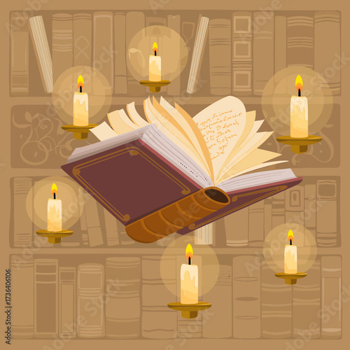Vector art of open book with candle lights floating in the air in front of bookshelf