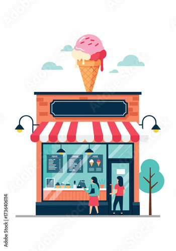 A sweet treat shop with a giant ice cream cone on top.