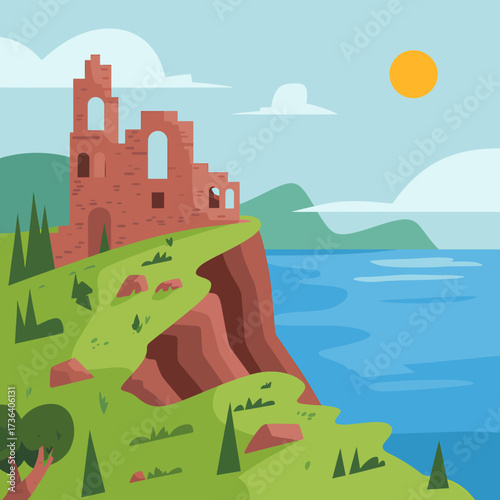 Vector art of ruined castle on a cliff overlooking the sea on a sunny day illustration