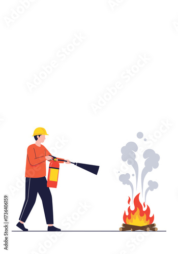 A person wearing a helmet extinguishes a fire with a fire extinguisher.