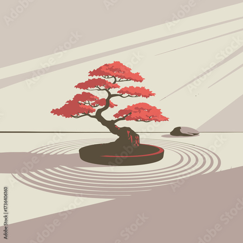 Vector art of zen garden with bonsai tree and raked gravel