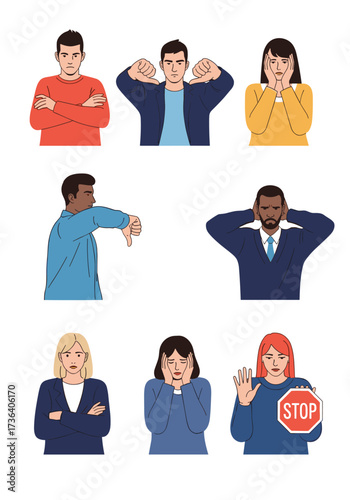 Diverse people express negative emotions through gestures and facial expressions.