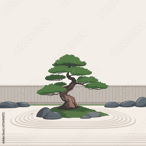 Vector art of zen garden with bonsai tree and raked gravel