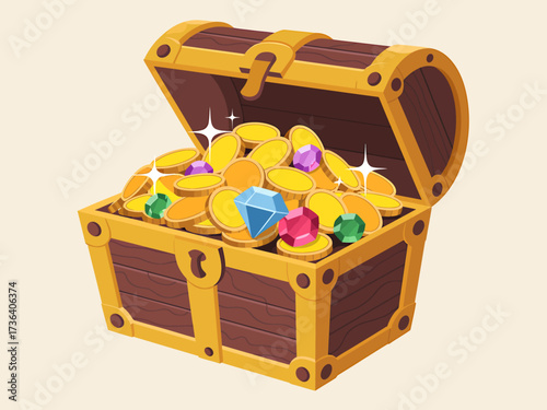 Vector art of open treasure chest full of gold coins and gems