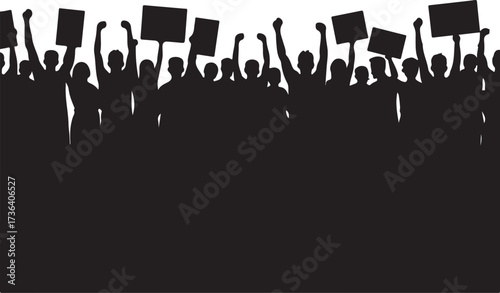 Silhouette crowd protesting with signs and raised fists