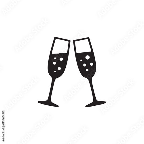 Two champagne glasses clinking together in a simple black and white illustration.