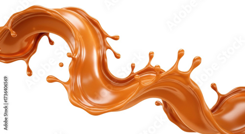 Isolated caramel splash or swirl in warm amber color, pouring motion, liquid, sweet treat, dessert