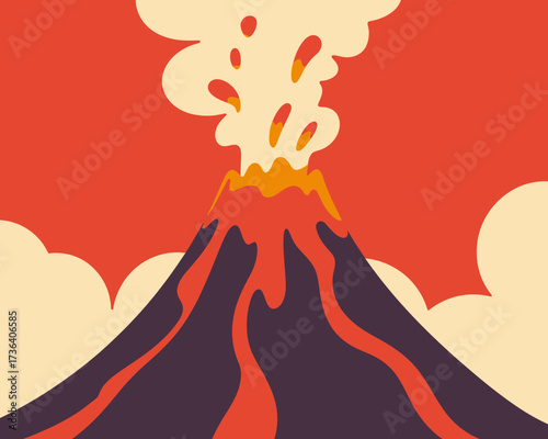 Vector art of volcano eruption with lava flow, nature disaster and volcanic activity scene