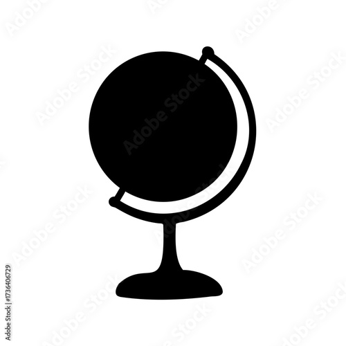 Simple black and white icon of a globe with a stand on white