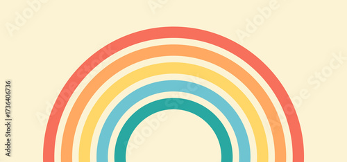 Rainbow line background, retro wavy pattern. Abstract arch stripe vintage print, color parallel curvy element on beige bg. Geometric shape red, yellow, orange, green wave. Vector illustration