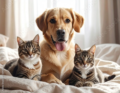 Golden Retriever with Two Striped Cats on Cream Colored Textured Bedding Illuminated by Soft Indoor Light
