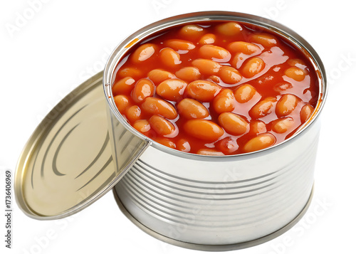 A full can of baked beans in tomato sauce open and ready to serve isolated on transparent background
