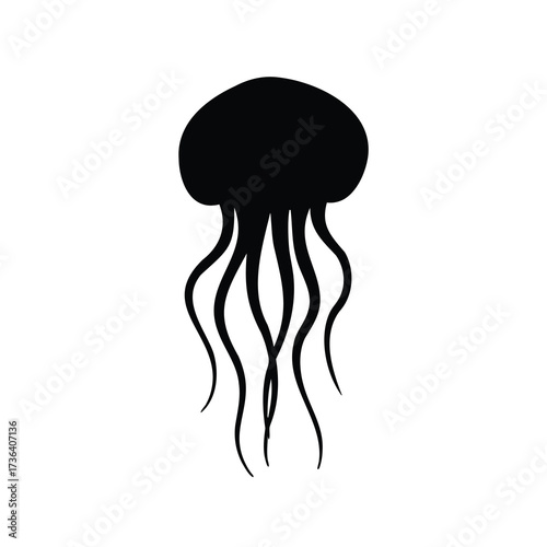 Black and white silhouette of a jellyfish swimming gracefully in the ocean